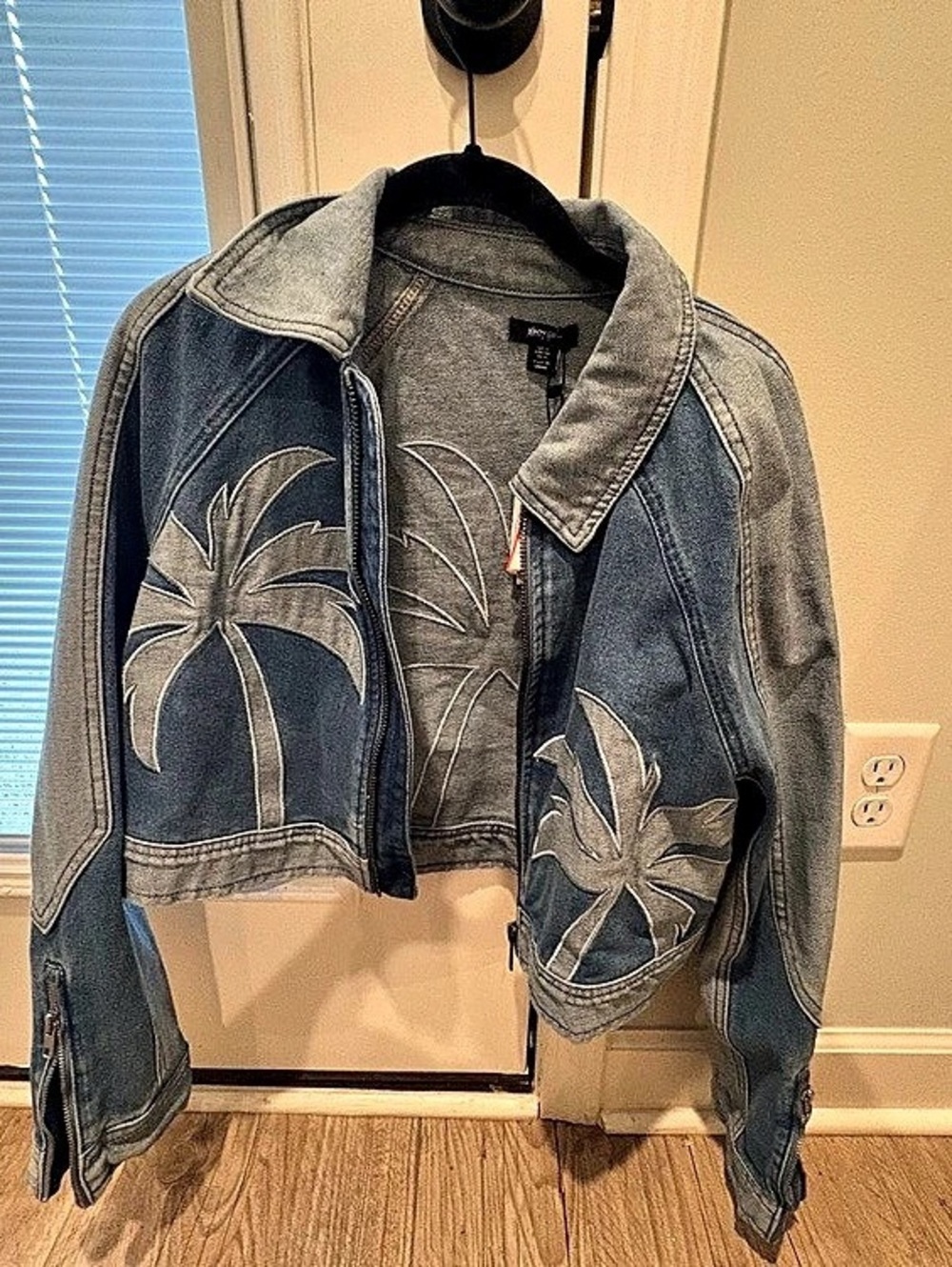 Stradivarius Blue Denim Palm Tree Cropped Jacket